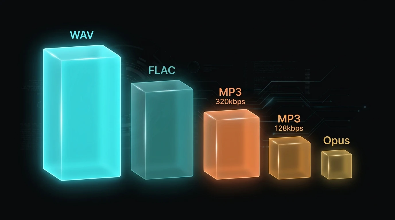 Audio file size comparison across formats — WAV is the largest while Opus and MP3 128kbps are the most compact